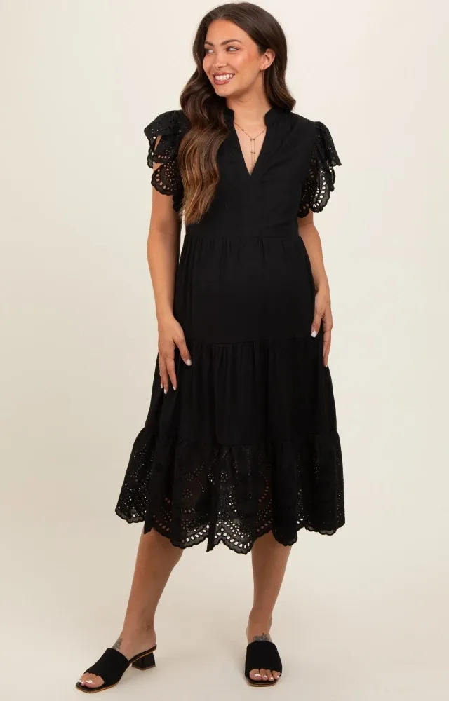 Black V-Neck Eyelet Detail Ruffle Shoulder Tiered Maternity Midi Dress