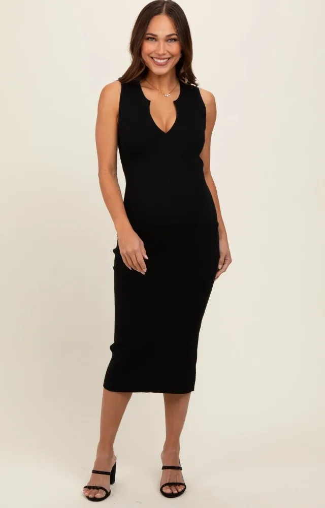 Black V-Neck Knit Maternity Midi Dress