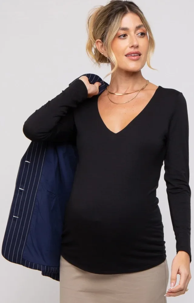 Black V-Neck Long Sleeve Maternity Top