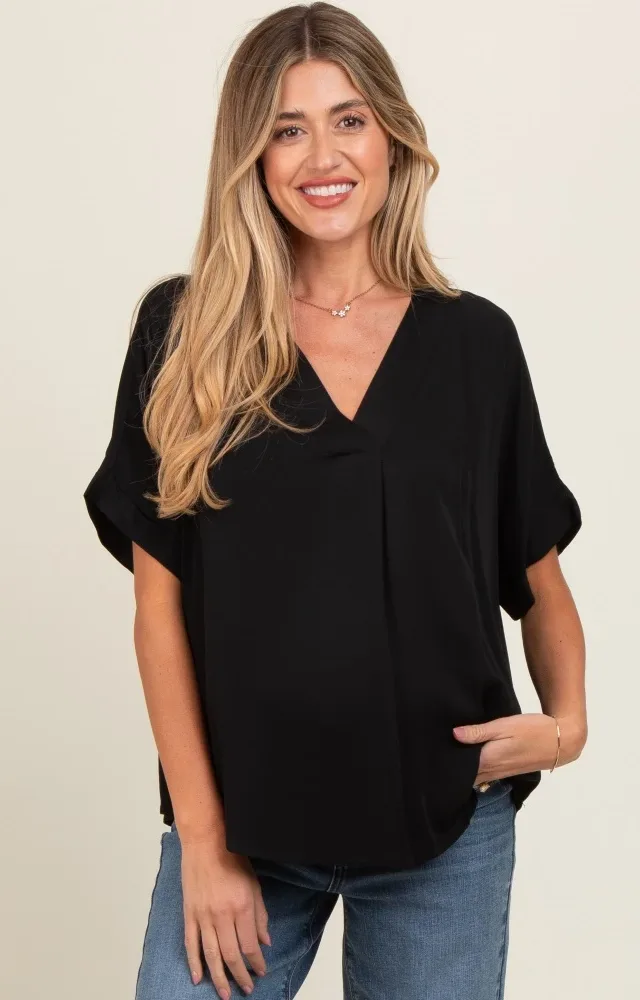 Black V-Neck Pin-Tuck Detail Maternity Top