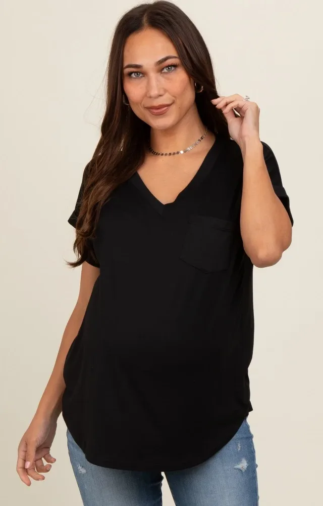 Black V-Neck Pocket Short Sleeve Maternity Shirt