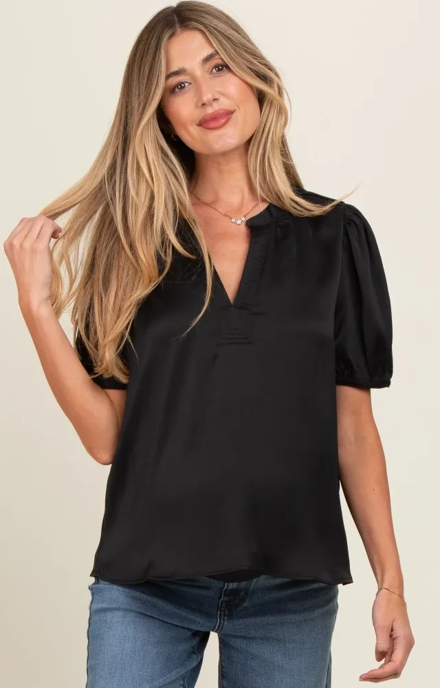 Black V-Neck Puff Sleeve Maternity Blouse