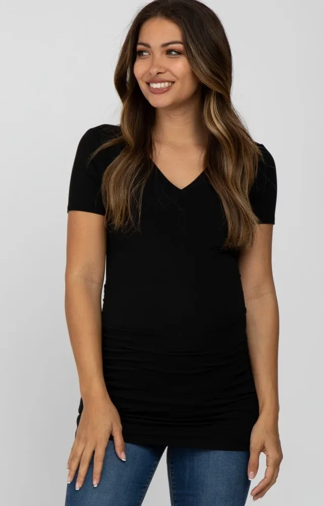 Black V-Neck Ruched Side Maternity Top