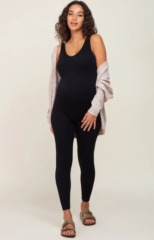 Black V-Neck Seamless Ribbed Fitted Maternity Jumpsuit