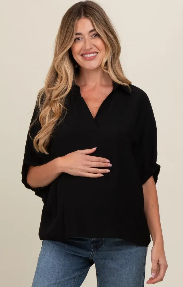 Black V-Neck Short Sleeve Maternity Top