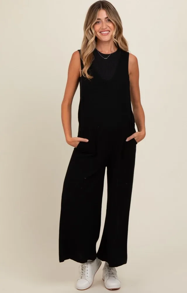 Black V-Neck Wide Leg Maternity Jumpsuit