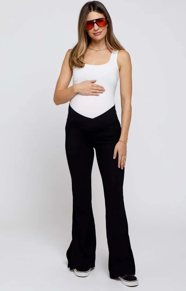 Black V-Waist Ribbed Bootcut Maternity Leggings