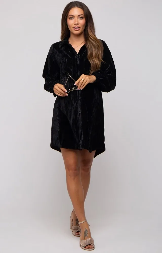 Black Velour Button Up Maternity Dress