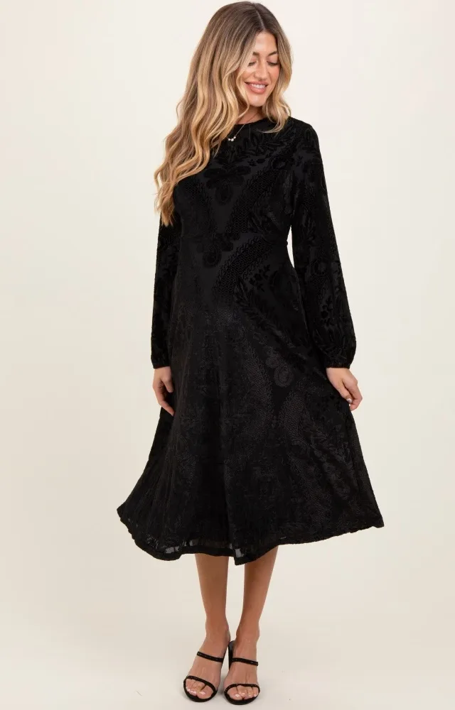 Black Velvet Damask Maternity Midi Dress