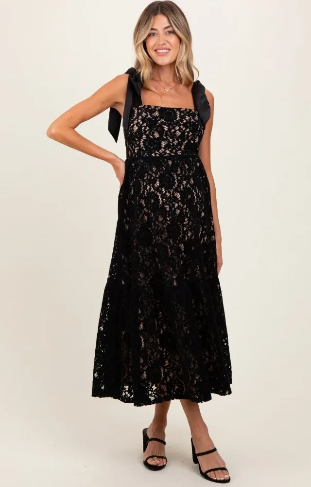 Black Velvet Lace Shoulder Bow Maternity Maxi Dress