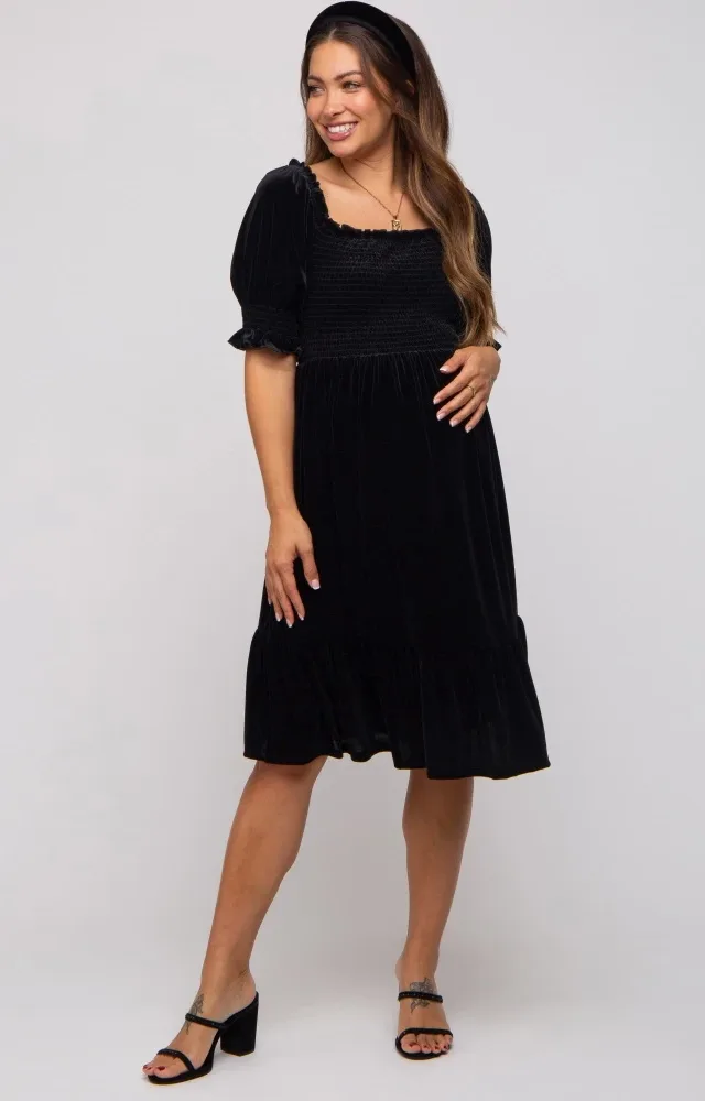 Black Velvet Smocked Puff Sleeve Maternity Dress