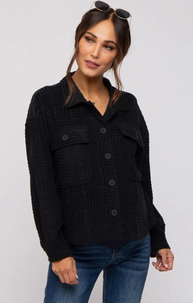 Black Velvet Textured Maternity Shirt Jacket