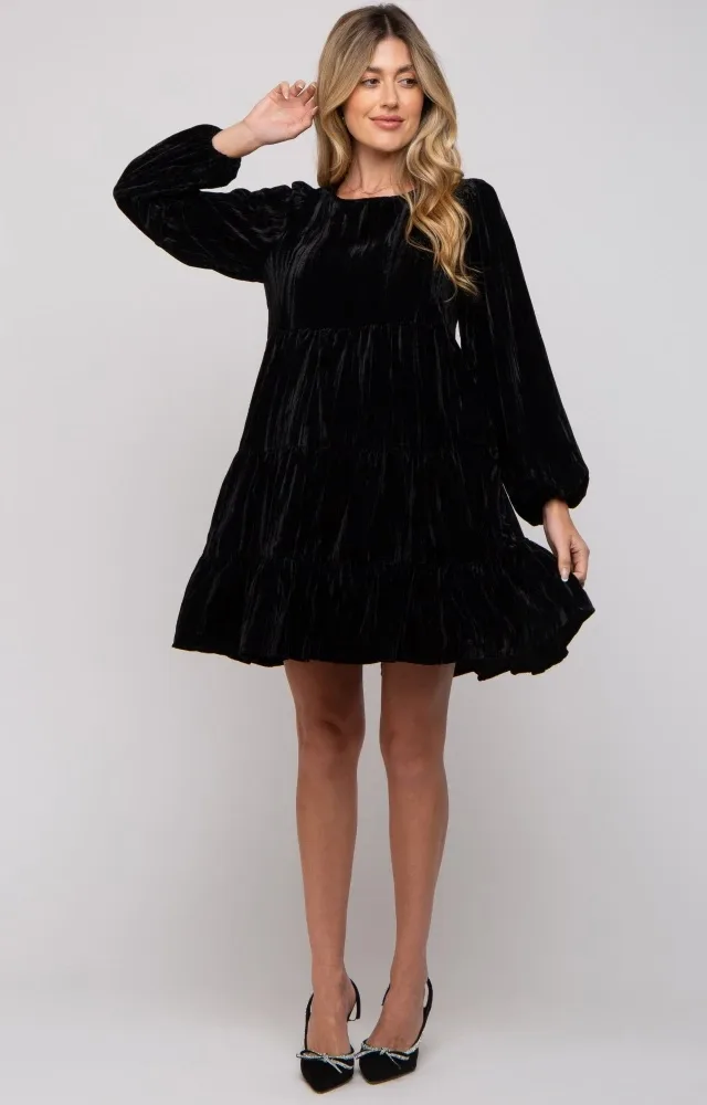 Black Velvet Tiered Long Sleeve Maternity Dress