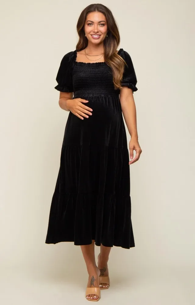 Black Velvet Tiered Maternity Midi Dress