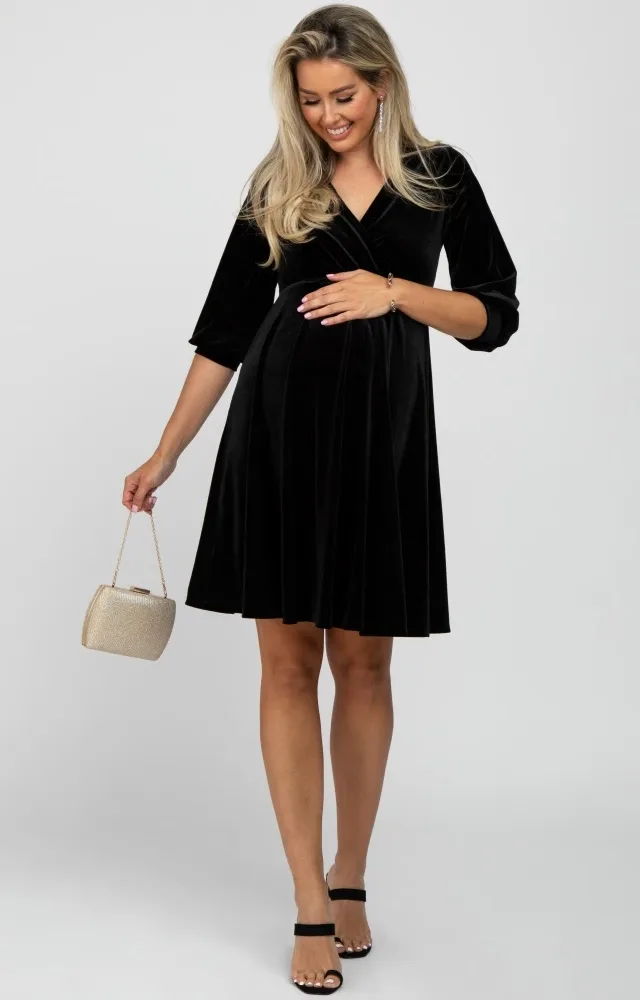 Black Velvet Wrap Front Babydoll Maternity Dress