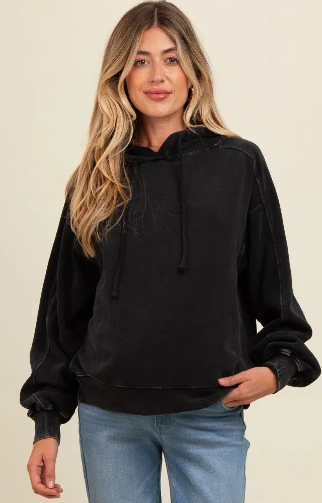 Black Vintage Wash Oversized Maternity Drawstring Hoodie