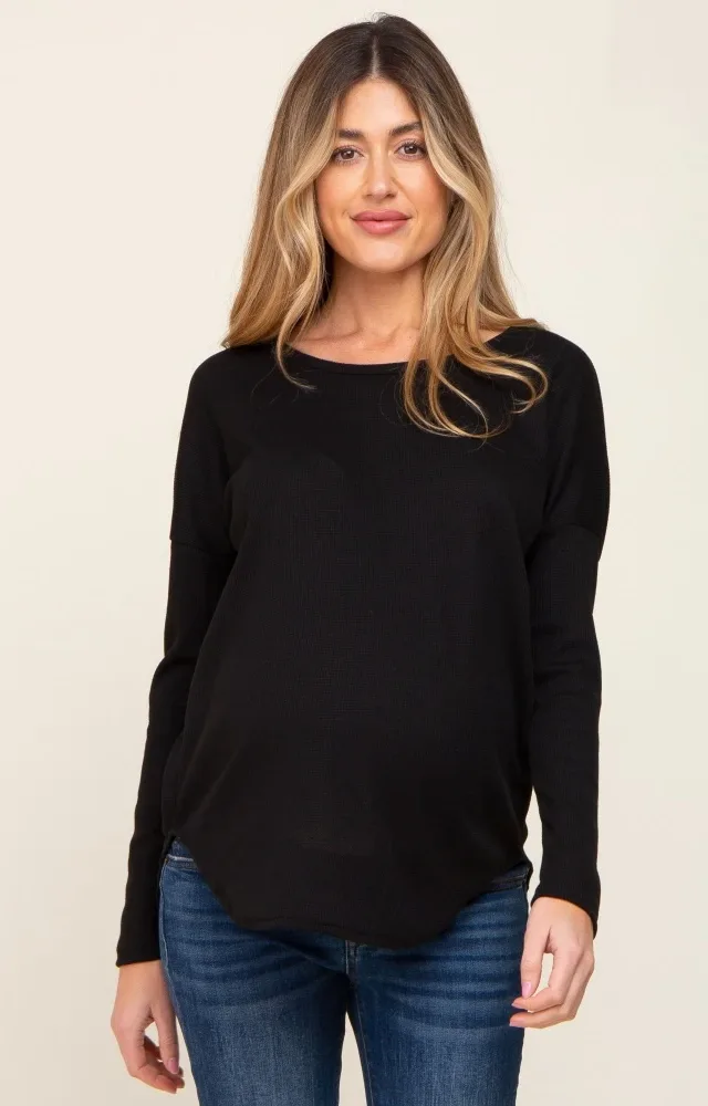 Black Waffle Knit Curved Hem Maternity Top