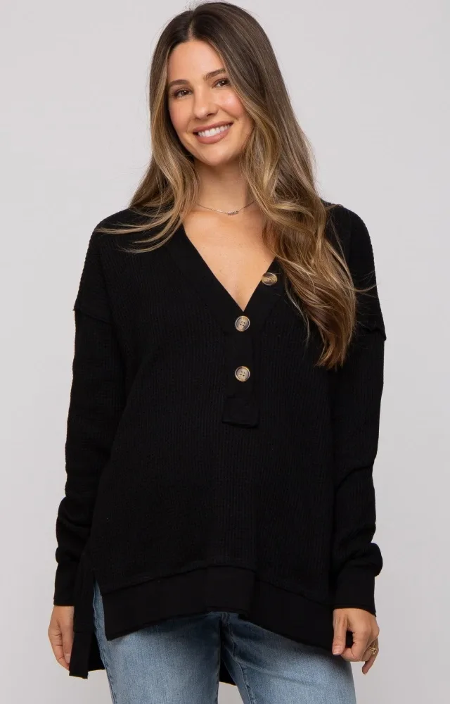 Black Waffle Knit Deep V-Neck Maternity Top