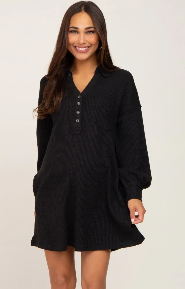 Black Waffle Knit Long Sleeve Maternity Dress