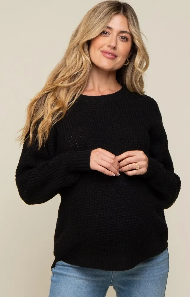 Black Waffle Knit Round Hem Maternity Sweater