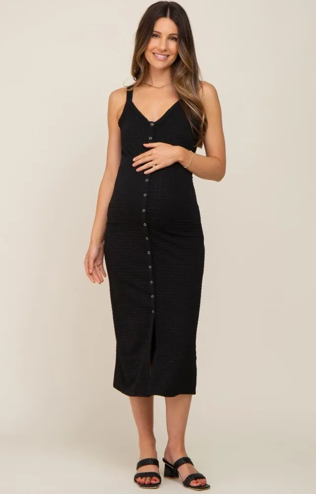 Black Waffle Knit Snap Front Button Maternity Midi