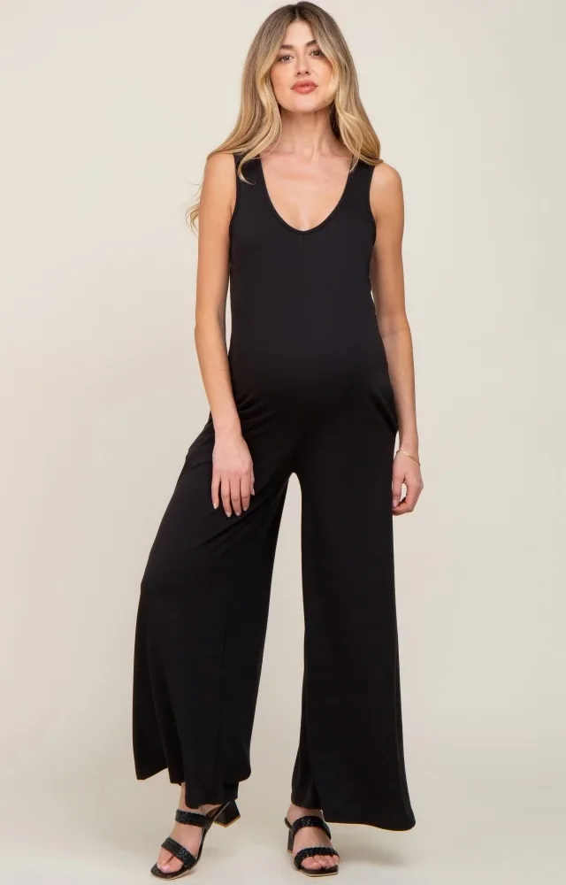 Black Wide Leg Sleeveless Maternity Jumpsuit