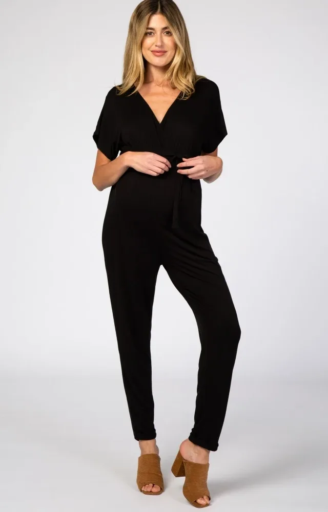 Black Wrap Tie Maternity Jumpsuit