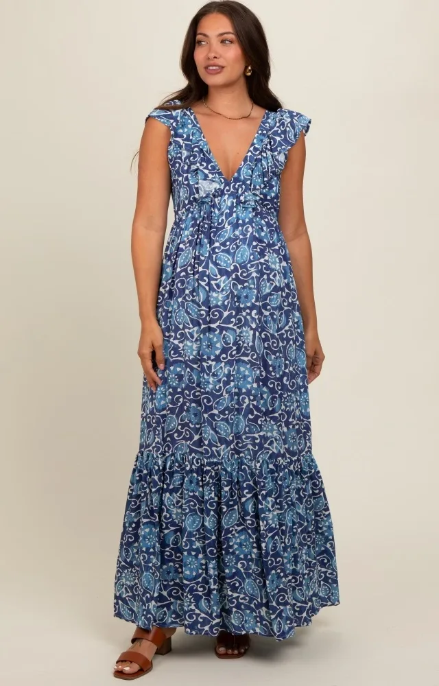 Blue Abstract Floral Ruffle Accent Maternity Maxi Dress