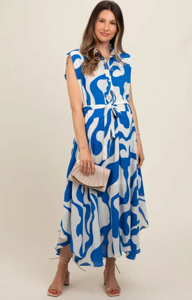 Blue Abstract Print Collared Belted Maternity Dress