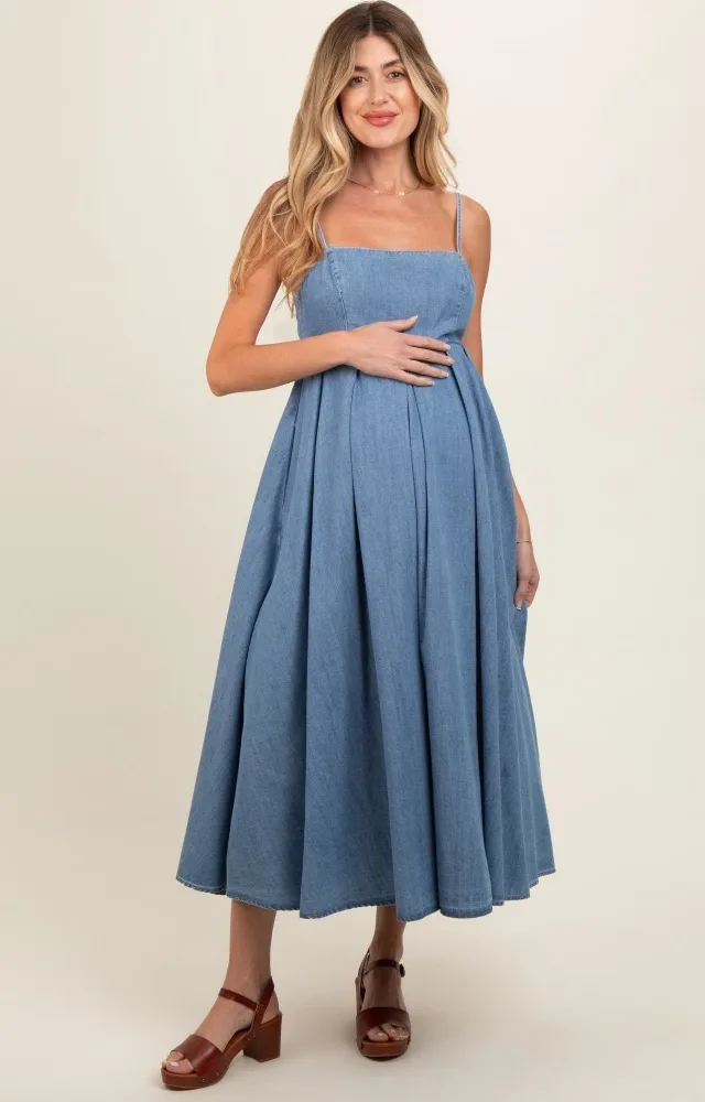 Blue Back Tie Straight Neck Maternity Midi Maternity Dress