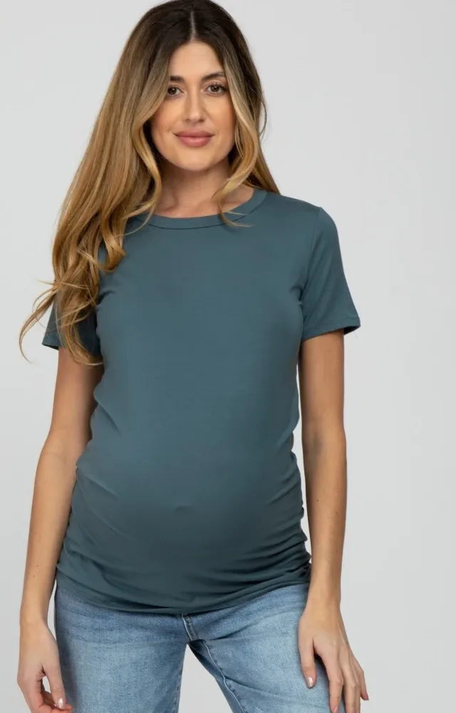 Blue Basic Short Sleeve Maternity Top