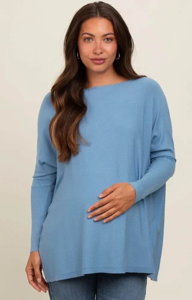 Blue Boatneck Knit Dolman Maternity Top