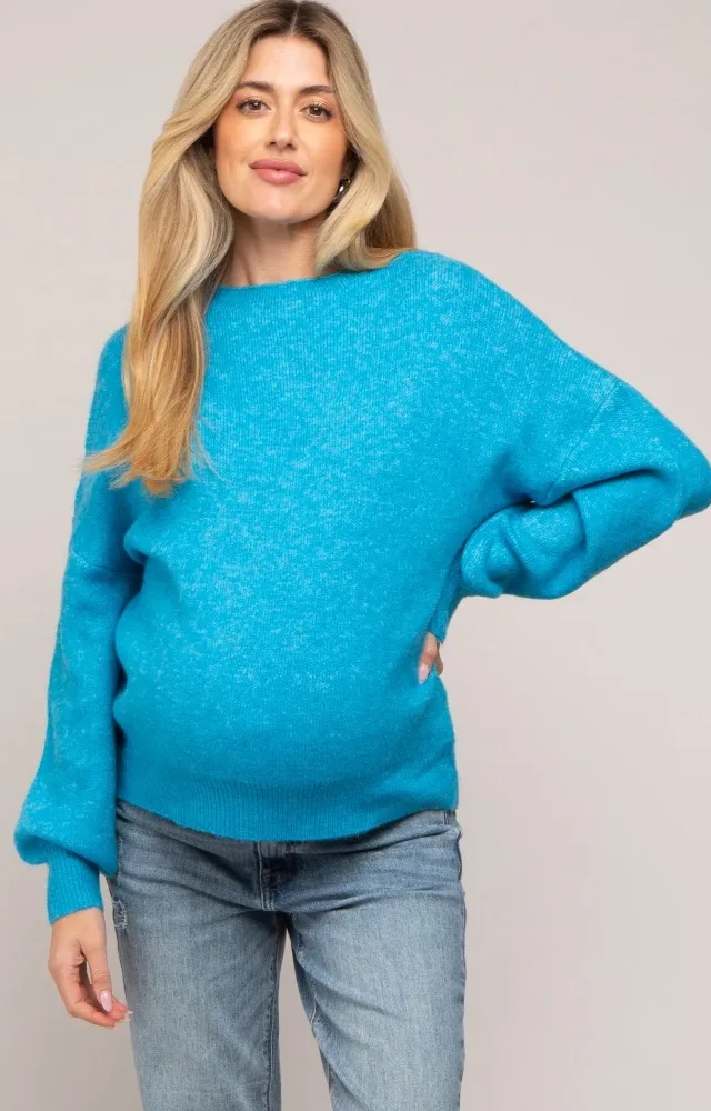 Blue Bubble Sleeve Maternity Sweater