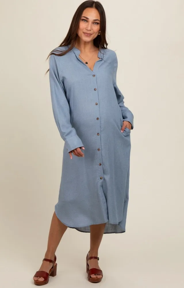 Blue Button Down Maternity Midi Dress