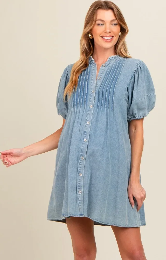 Blue Button Down Puff Sleeve Maternity Dress