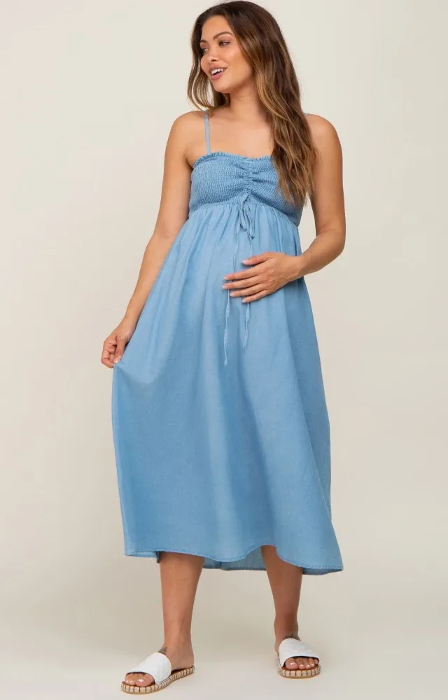 Blue Chambray Cinched Smocked Maternity Midi Dress