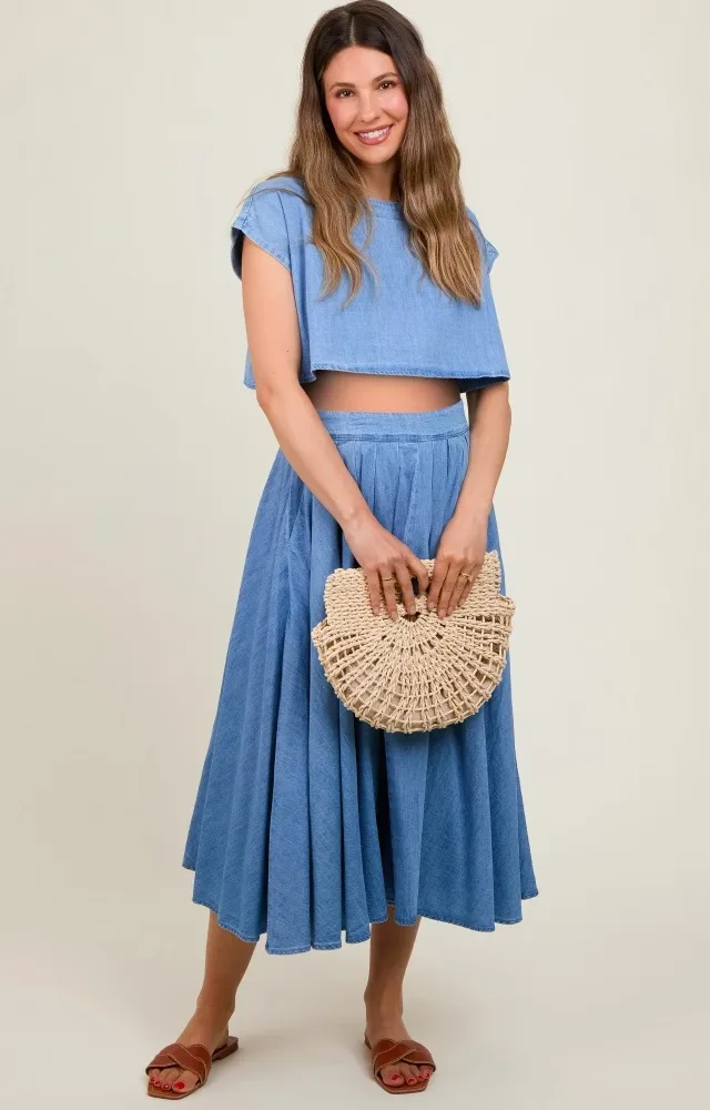 Blue Chambray Crop Top And Skirt Maternity Set