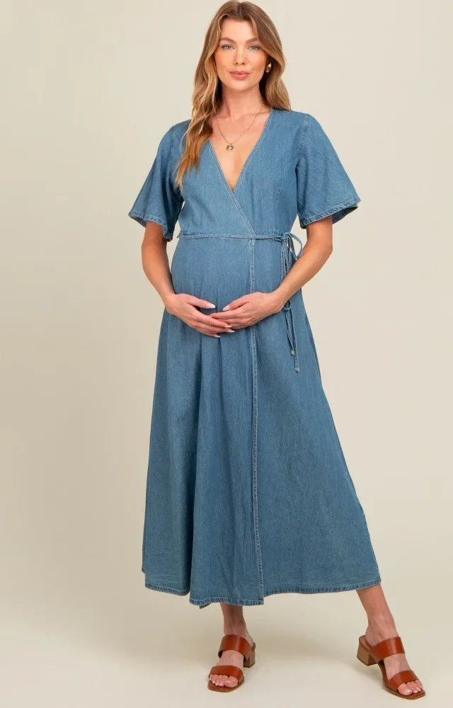 Blue Chambray Maternity Wrap Maxi Dress