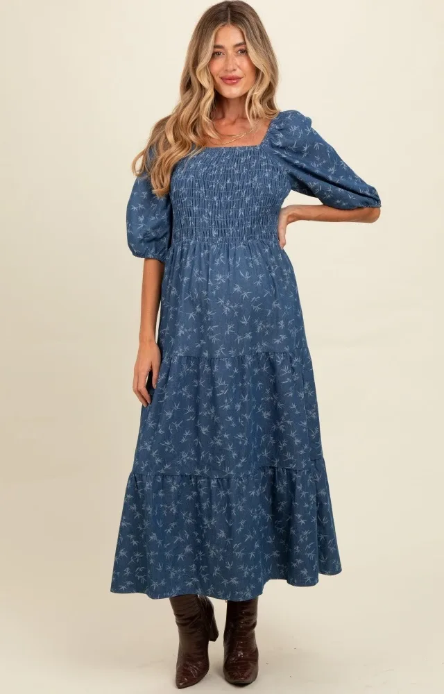 Blue Chambray Printed Smocked Maternity Midi Dress