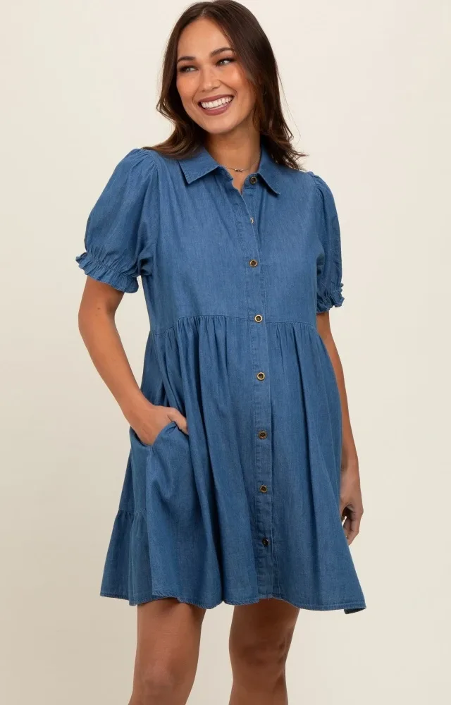 Blue Chambray Puff Sleeve Button Down Maternity Dress