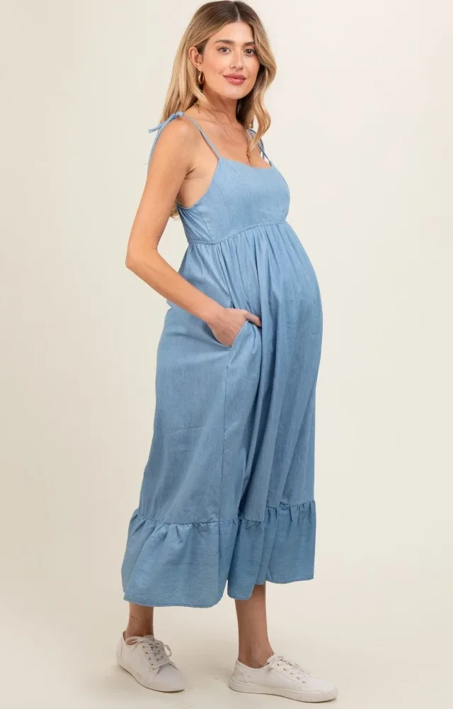 Blue Chambray Sleeveless Ruffle Hem Maternity Midi Dress