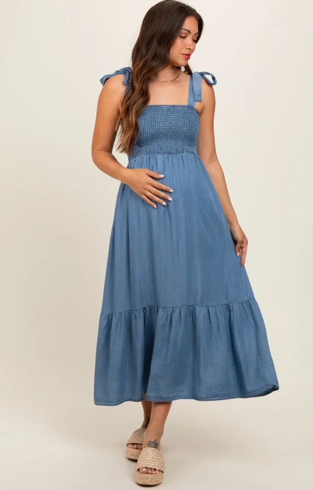 Blue Chambray Smocked Square Neck Shoulder Tie Maternity Midi Dress