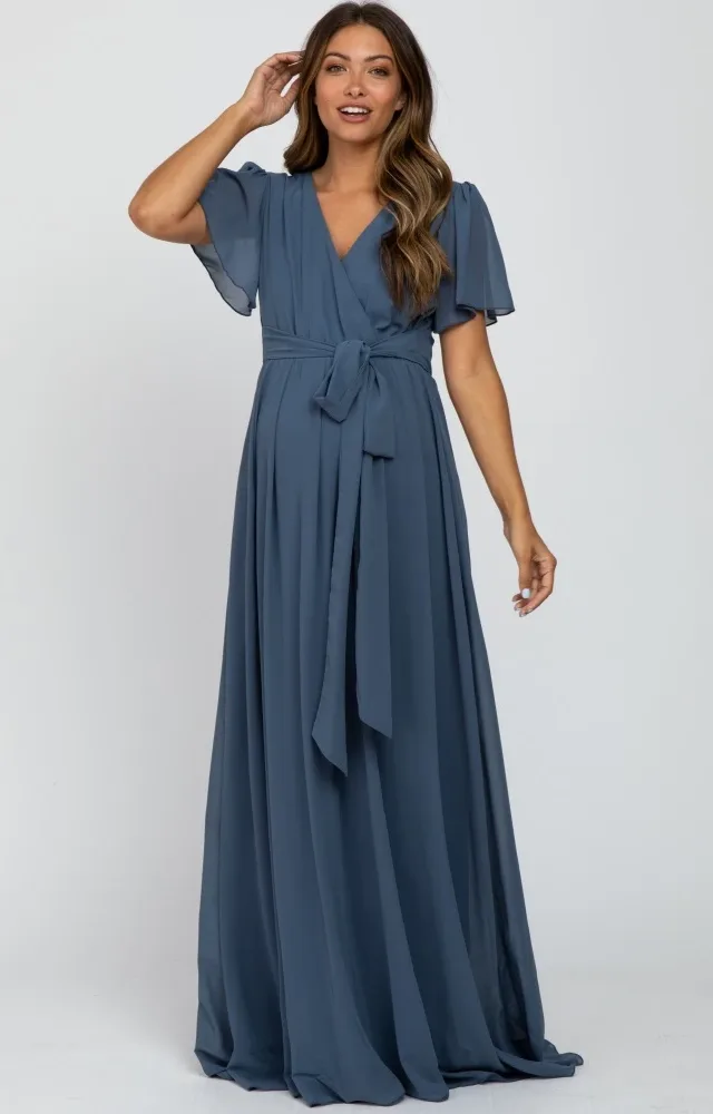 Blue Chiffon Short Sleeve Maternity Maxi Dress