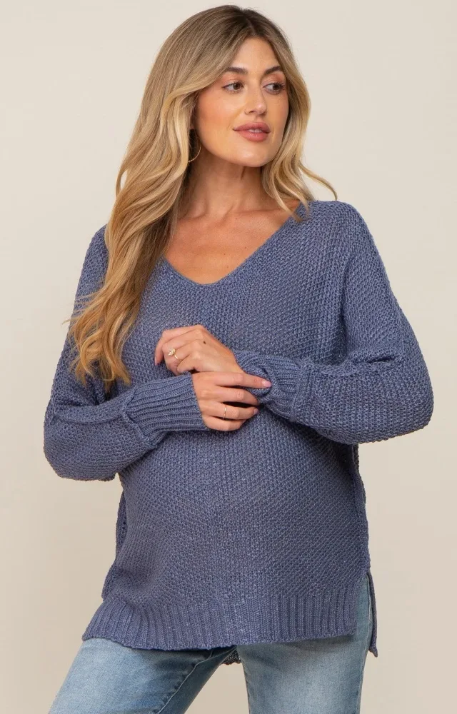 Blue Chunky Knit Side Slit Maternity Sweater