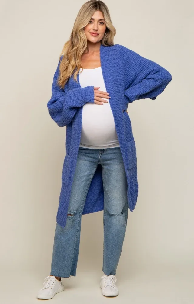 Blue Chunky Waffle Knit Maternity Cardigan