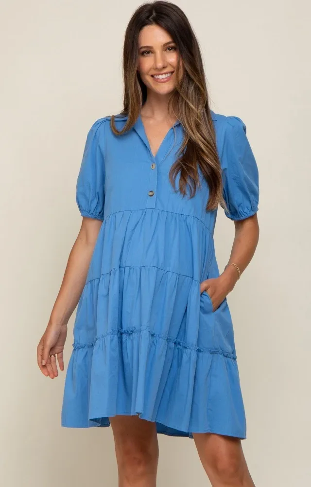 Blue Collared Tiered Maternity Dress