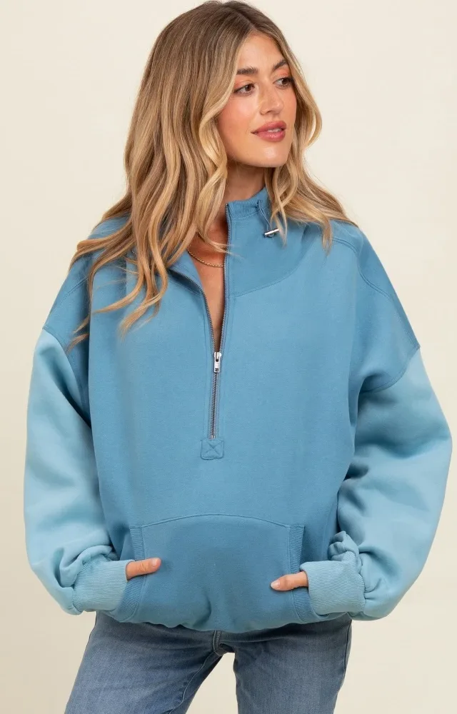 Blue Colorblock Half Zip Maternity Hoodie