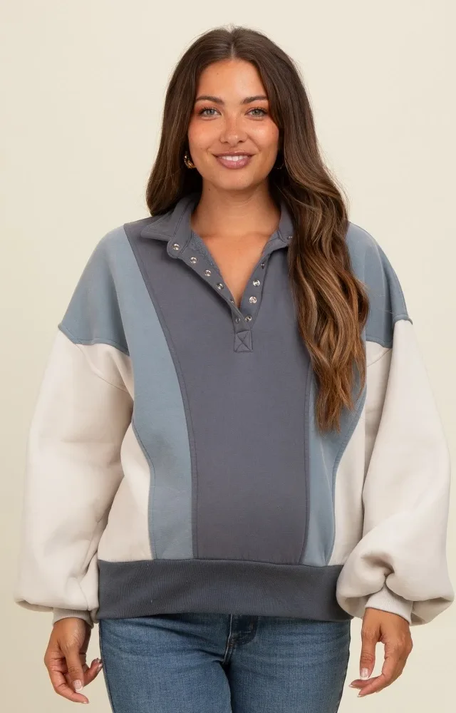 Blue Colorblock Snap Button Maternity Polo Sweatshirt