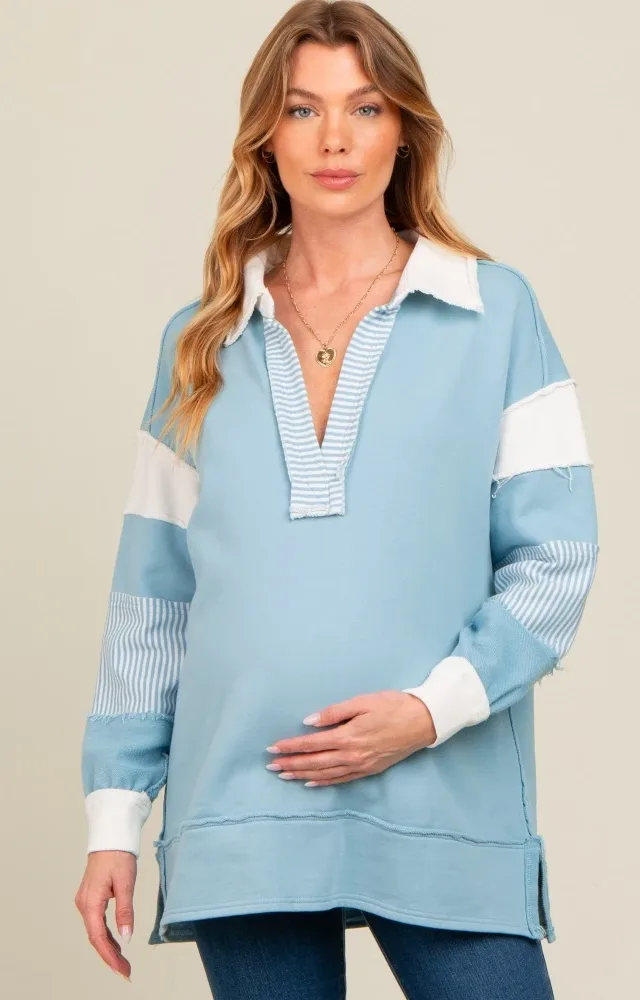 Blue Colorblock Stripe Maternity Polo Pullover Top