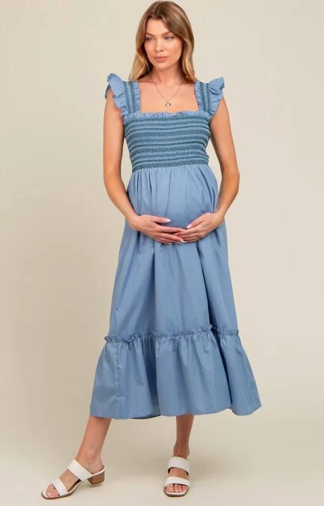 Blue Contrast Stitch Smocked Ruffle Strap Maternity Midi Dress